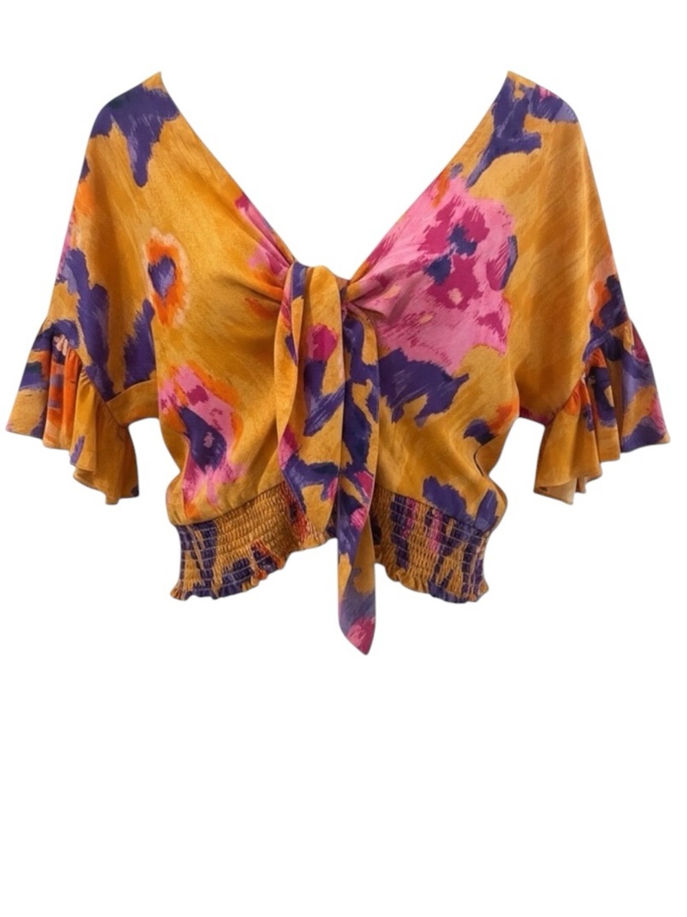 NWT Ramy Brook Tamar Silk Blend Floral Flutter Sleeve V Neck Knot Front Crop Top
